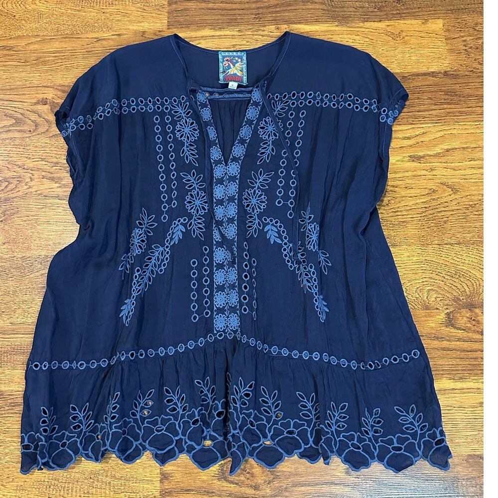 Johnny Was Clemence Embroidered Blouse Navy Blue Women's XL Boho Cottage Relaxed